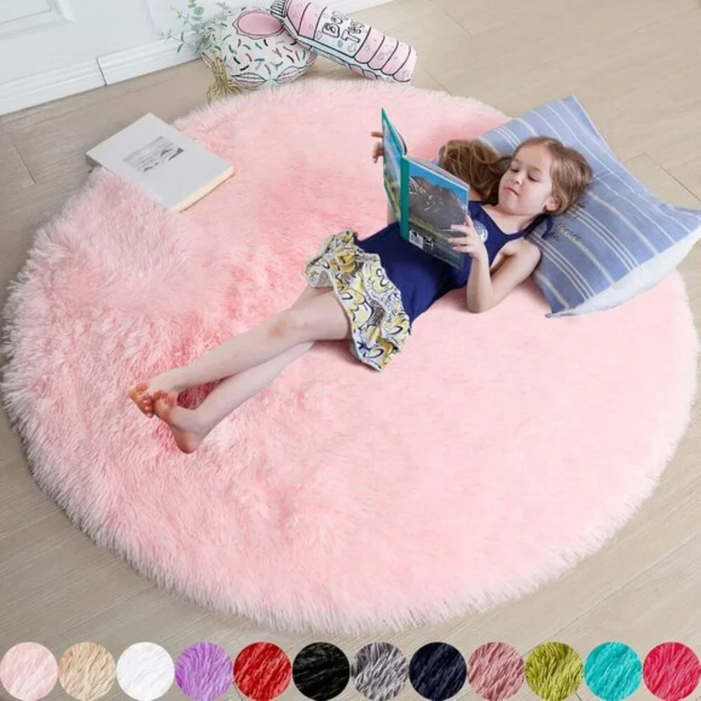 New 4Ft Pink Round Rug, Fluffy Washable Shag Carpet for Girls’ Bedroom & Nursery